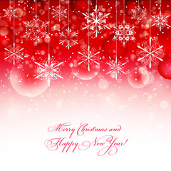 Merry Christmas and Happy New Year card with snowflakes and baubles, vector illustration