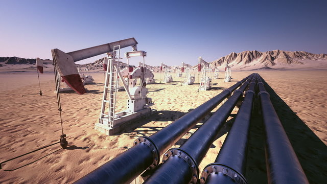 Animation of working oil pumping jacks and the oil pipeline. Loopable. HD
