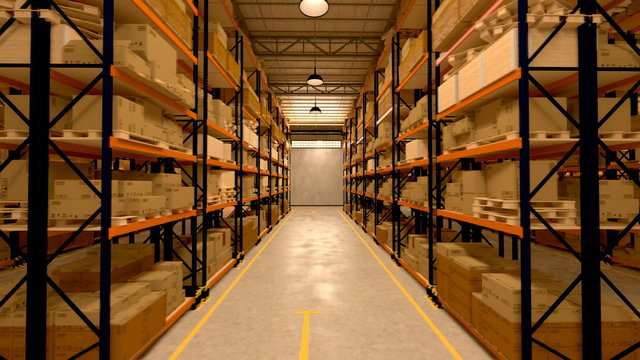 Walk through the warehouse interior with infinite packages amount. Loopable. HD