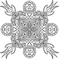 Abstract vector black square lace design in mono line style - mandala, ethnic decorative element. Can be used as anti stress therapy.