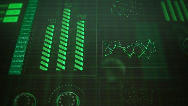 Advanced futuristic graphic interface. Displays abstract diagrams and charts.