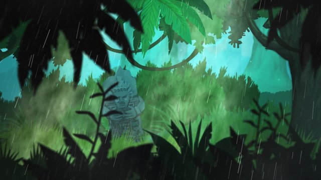 Animated Stone Tiki Statue in Rainy Jungle with Mist and Vines