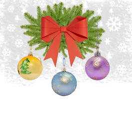 Several christmas decorative ball with bow and pine tree on whit