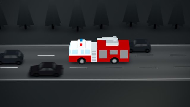 A busy highway. The fire truck with the flashing lights on the emergency call