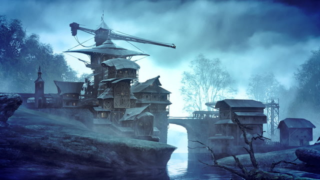 Fantasy settlement with a bridge over the flowing creek. Fabulous scenery. HD