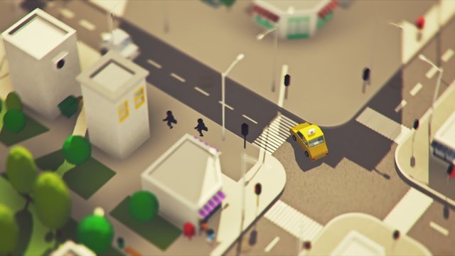 Aerial view of the low poly cityscape. The camera is following a taxi car.