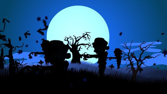 Creepy zombie walking on the haunted graveyard with  tombstones and dark trees