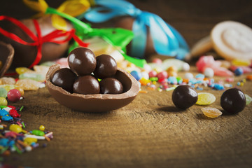 round chocolate candies in chocolate egg
