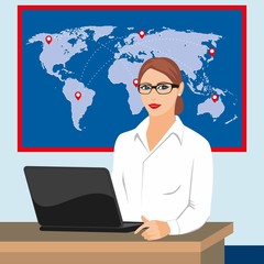 illustration of a girl in the office with a laptop on the background of the world map
