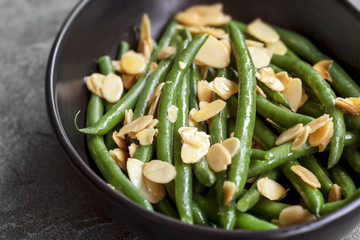 Green Beans with Toasted Almonds in Black Bowl