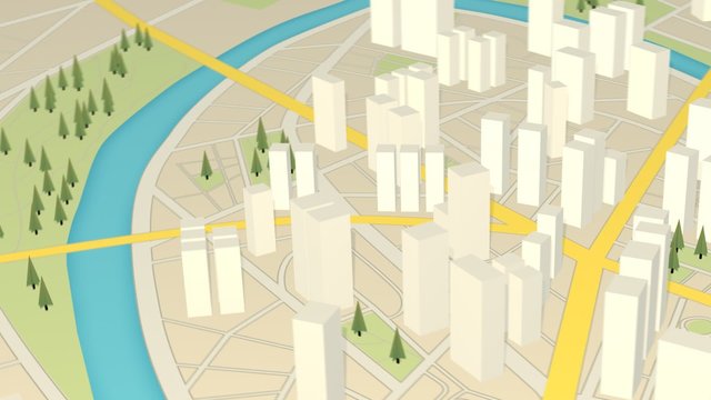 White, abstract gps city map with the 3d representation of skyscrapers and trees