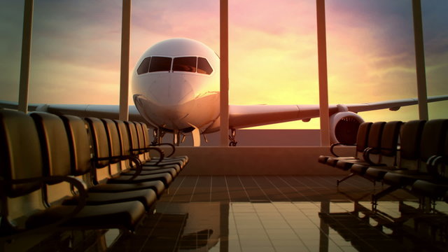 An airplane zoom-in animation in the airport terminal waiting room area. HD