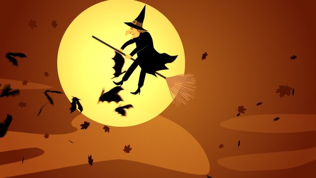 Mysterious halloween witch in hat and black clothes is flying on the broomstick