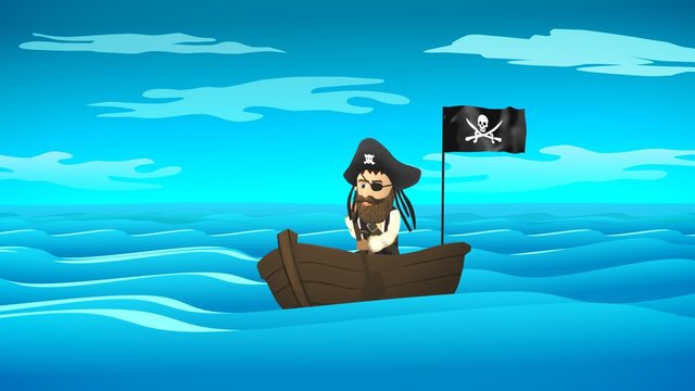 Cartoon pirate rowing a wooden boat across a blue ocean