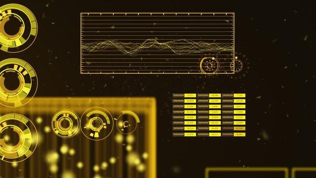 Advanced futuristic graphic interface. Displays abstract diagrams and charts.