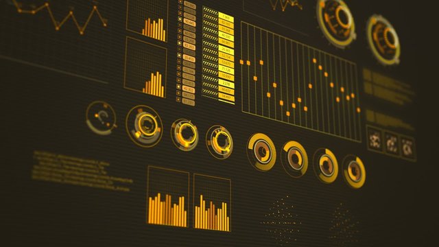 Advanced futuristic graphic interface. Displays abstract diagrams and charts.