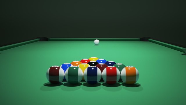 Breaking the rack in the pool. A strong, professional shot of cue ball.