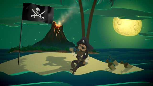 Animated pirate relaxing on tropical island beach at night