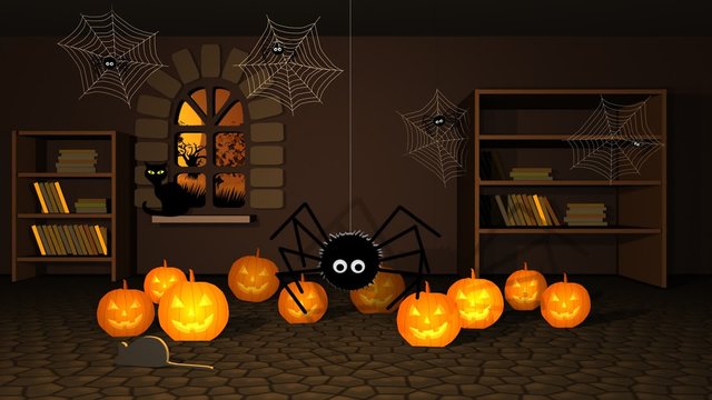The room full of jack-o lanterns and old books. Spider is hanging on a web.
