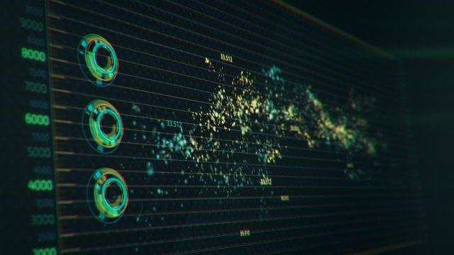 Advanced futuristic graphic interface. Displays abstract diagrams and charts.