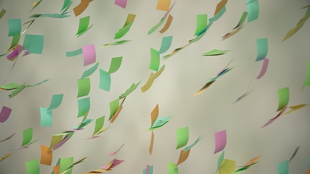 The collage of colorful adhesive post-it notes on the wall flying away.