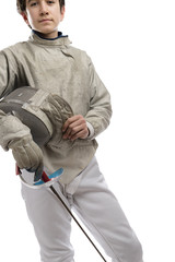 Teen fencer isolated on white background.