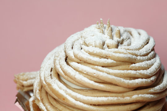 mont branc dessert close up in the pink background