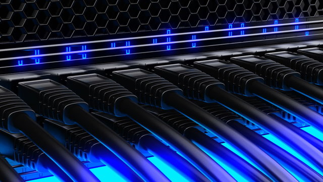 Ethernet cables connected to the network switch. Blue Led lights flashing. HD