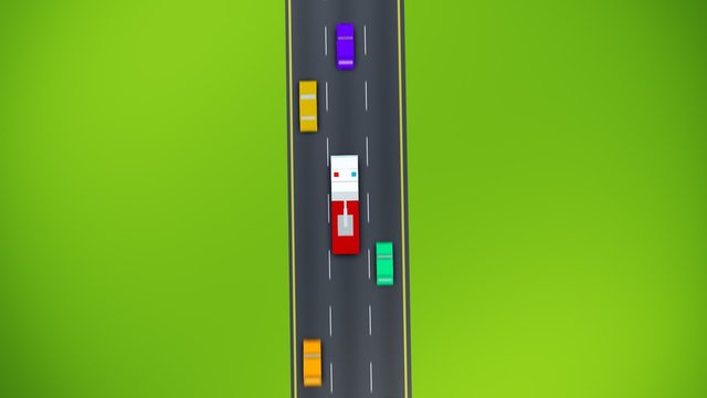 A busy highway. The fire truck with the flashing lights on the emergency call