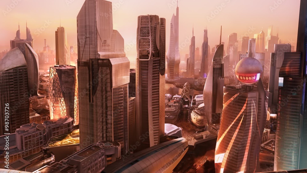 Poster Aerial view of the futuristic cityscape. Metropolis is full of skyscrapers.