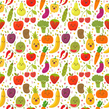 Seamless pattern with fresh vegetables and fruits. Vegetarian ba