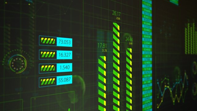 Advanced futuristic graphic interface. Displays abstract diagrams and charts.
