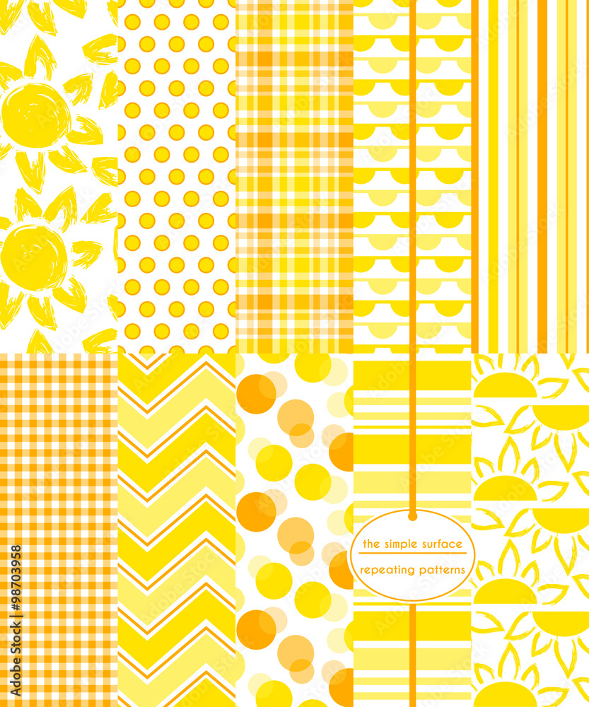 Sticker Sun seamless patter set. Repeating patterns for backgrounds, gift wrap, scrapbooking and more. Sun, circle, plaid, bunting, stripe, gingham, chevron, bubble, and stripe prints. Yellow and orange. - Stickers