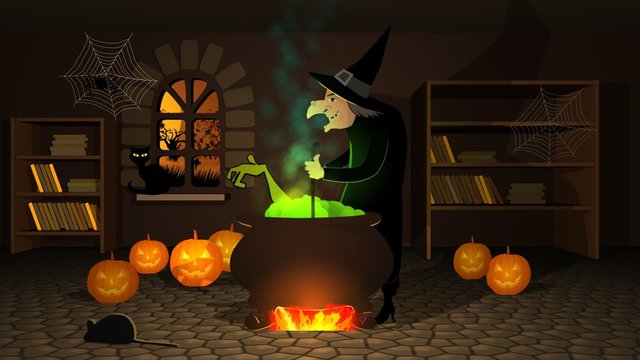 Ugly witch dressed black in the black hat is preparing a potion in a cauldron.