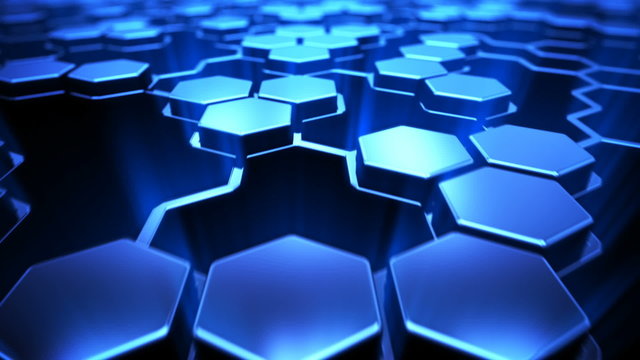 Infinite net of connected navy blue hexagons. Inspiring background. Loopable. HD