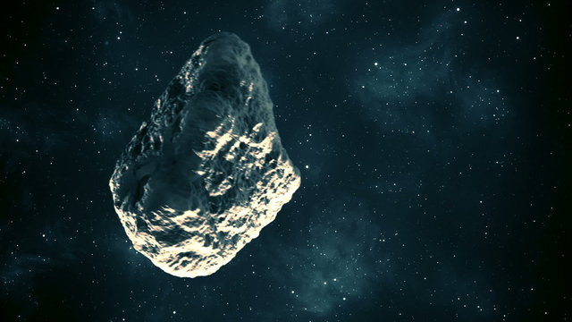 Closeup animation of the floating meteoroid in the infinite outer space. HD