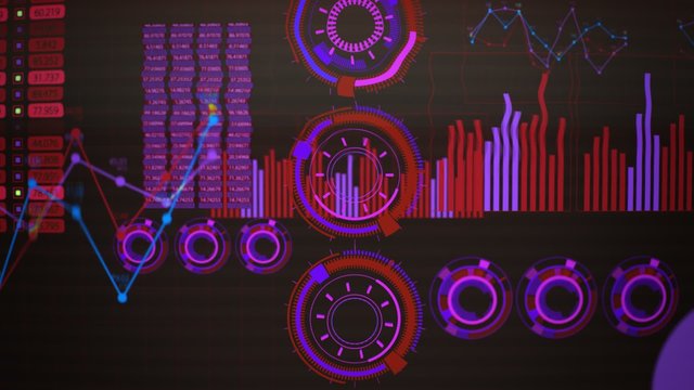 Advanced futuristic graphic interface. Displays abstract diagrams and charts.