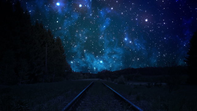 Inspiring animation of the night sky with fallingstars spread over railroad. HD