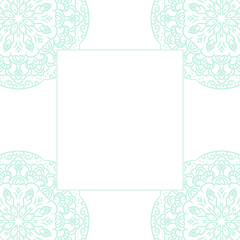 Baby blue mandala card template background. Wedding invitation, shower card design, subtle tender girl colors. Copy space for text.