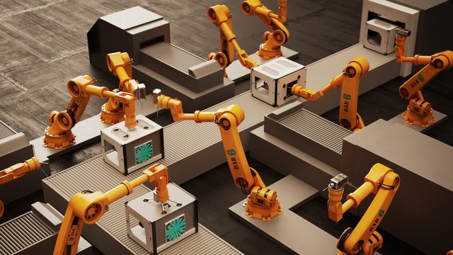 The futuristic robotic arms working on the assembly of the 3d printers.