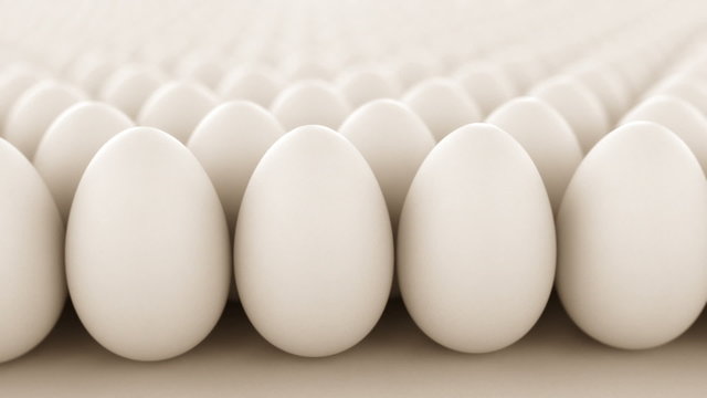 Rows of white eggs in a grid with soft focus 3D render