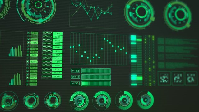 Advanced futuristic graphic interface. Displays abstract diagrams and charts.