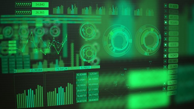 Advanced futuristic graphic interface. Displays abstract diagrams and charts.