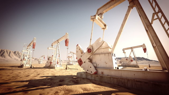 Animation of endless working oil pumping jacks extracting oil. Loopable. HD