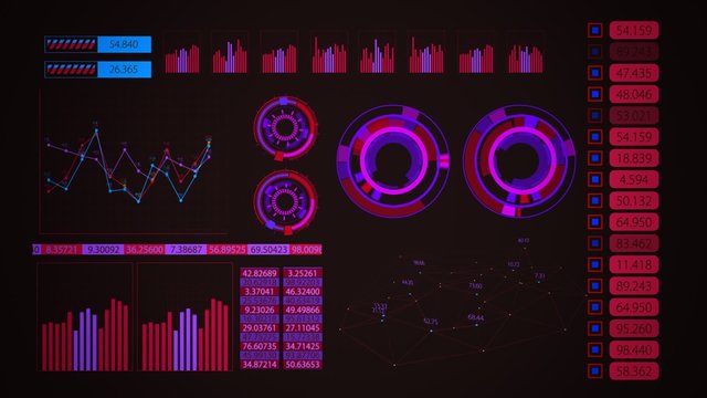 Advanced futuristic graphic interface. Displays abstract diagrams and charts.