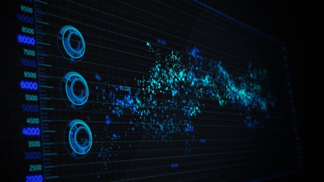 Advanced futuristic graphic interface. Displays abstract diagrams and charts.