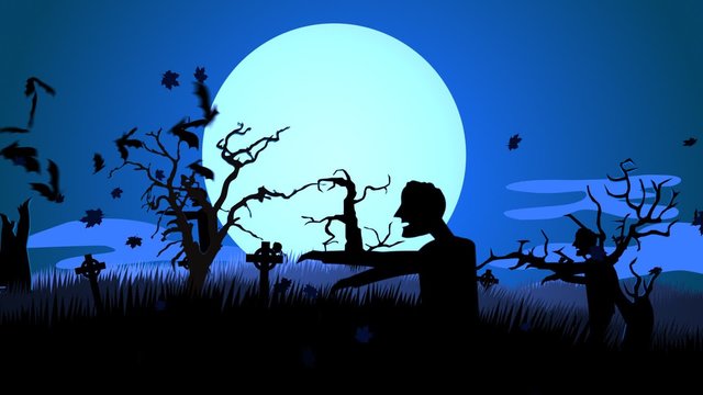 Zombie walking on the haunted, graveyard with dark silhouettes of spooky trees