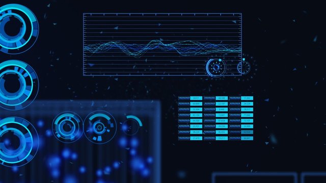 Advanced futuristic graphic interface. Displays abstract diagrams and charts.