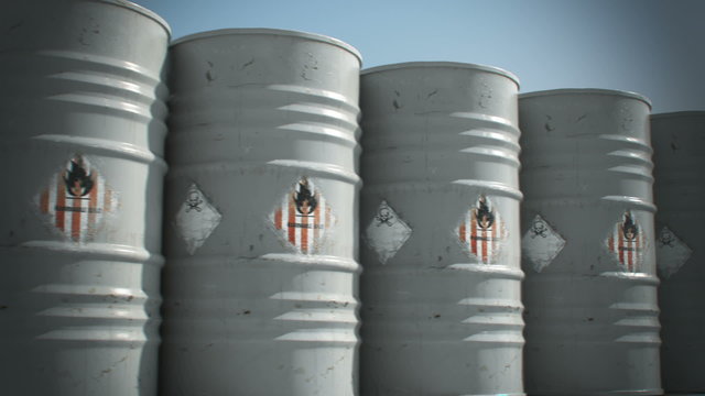 Endless animation of the grey flammable barrels horizontal stack. Side view. HD