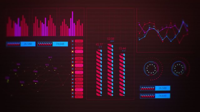 Advanced futuristic graphic interface. Displays abstract diagrams and charts.